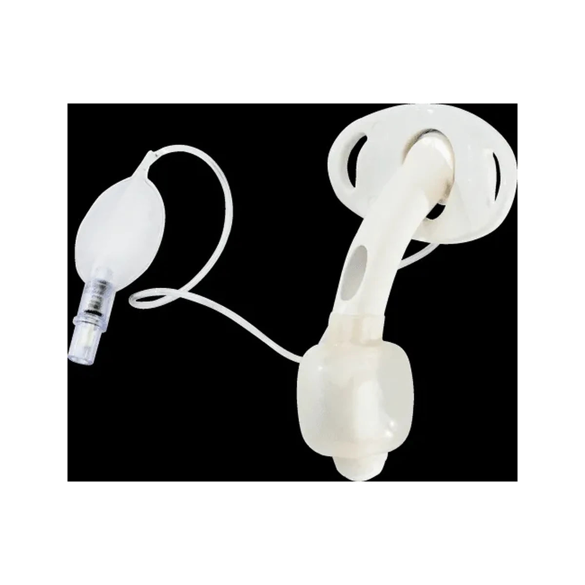 Adult tracheostomy tube with adjustable neck flange and cuff, medical device on black background