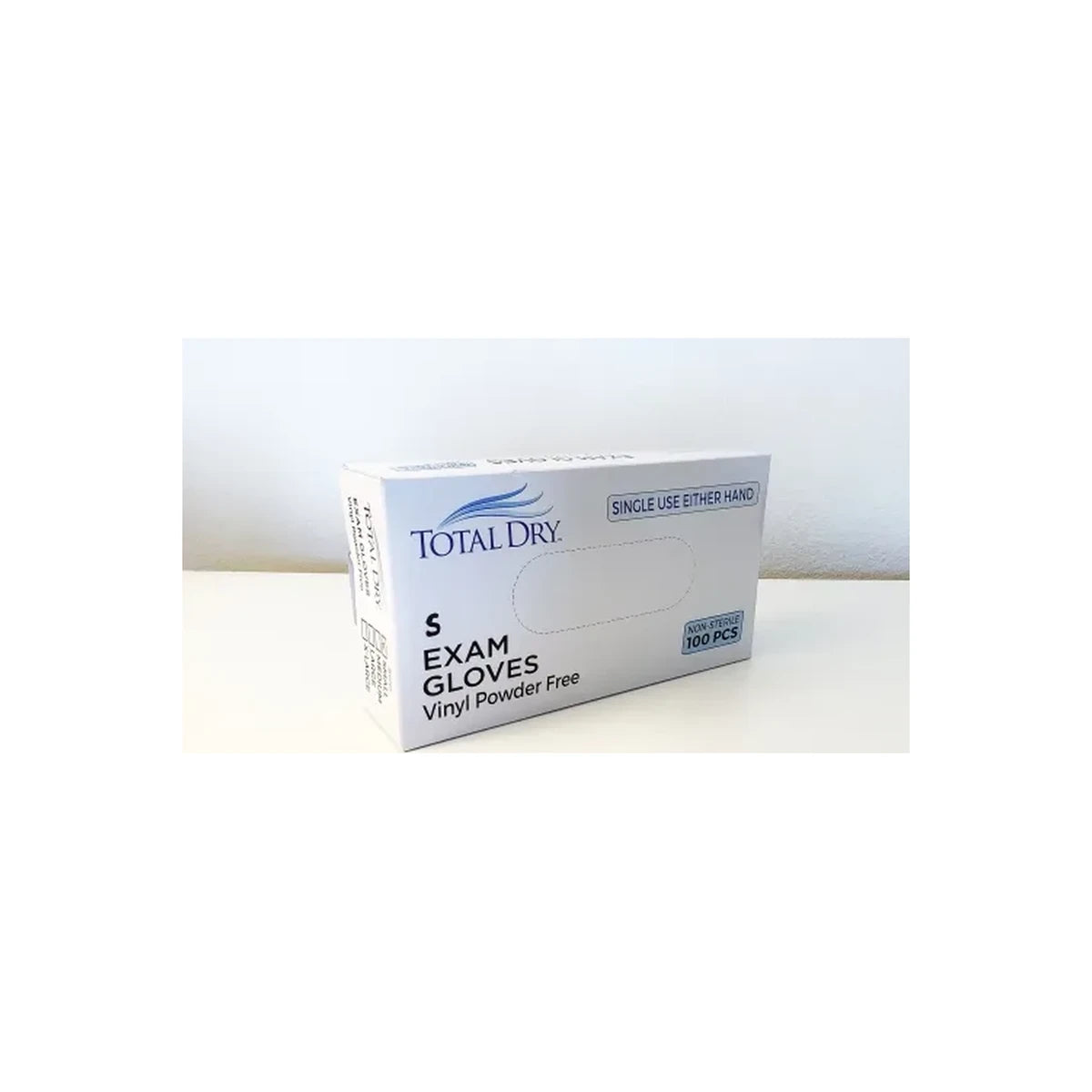 Box of Total Dry small vinyl exam gloves, powder free, 100 count, on white surface