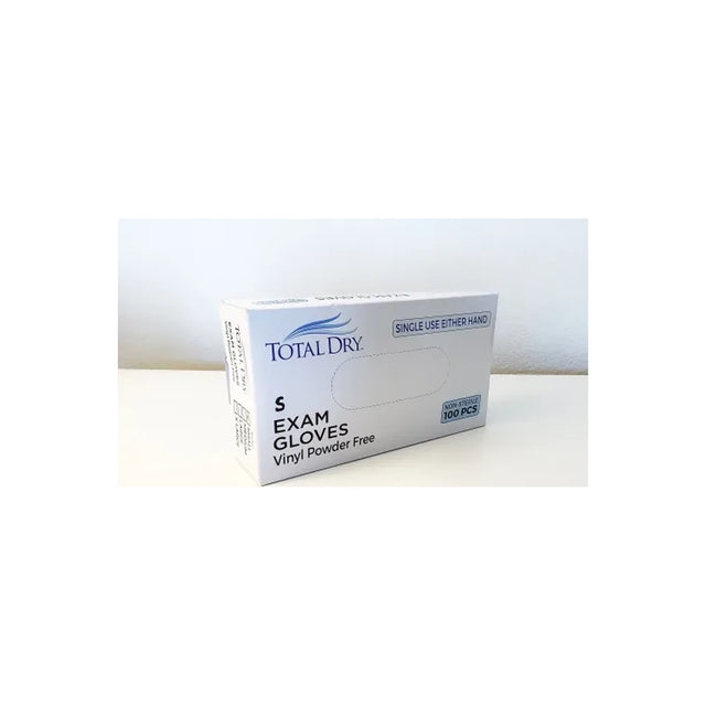 Box of Total Dry small vinyl exam gloves, powder free, 100 count, on white surface