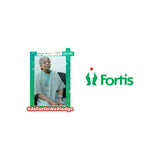 Elderly woman in medical gown with IV, Fortis hospital logo, healthcare campaign frame