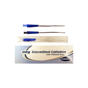 Pediatric intermittent catheters with blue tips and packaging, sterile medical supplies