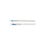 Sterile intermittent catheter in individual medical packaging, blue tip visible