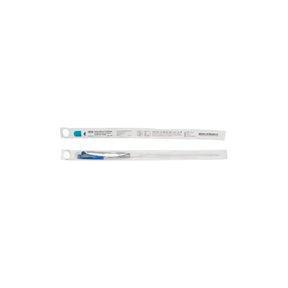 Sterile intermittent catheter in individual medical packaging, blue tip visible