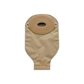 Beige medical ostomy pouch with adhesive barrier, front view, isolated on white background