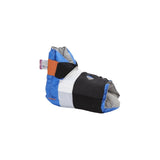 Blue and black medical foot boot with padding and adjustable straps for support