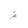 Sterile medical urinary catheter with clear tubing and color-coded connectors on white background