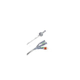Sterile medical urinary catheter with clear tubing and color-coded connectors on white background