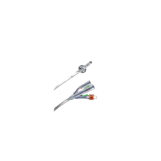 Sterile medical urinary catheter with clear tubing and color-coded connectors on white background