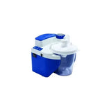 Portable medical suction machine with blue and white housing, used for respiratory care