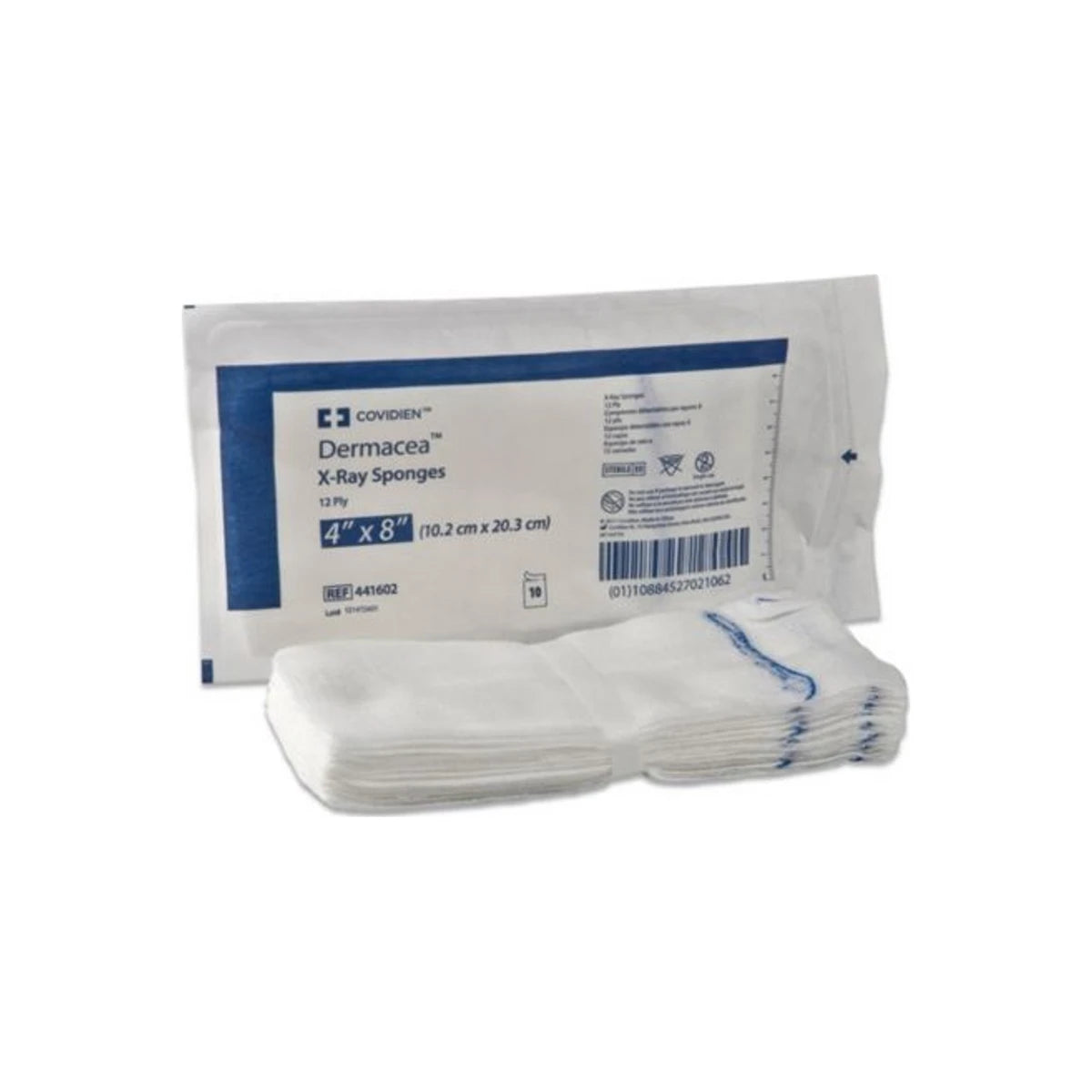 Covidien Dermacea X-Ray Sponges 4x8 sterile medical gauze pads, white, stacked