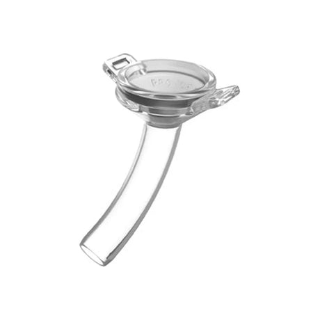 Clear medical tracheostomy tube with curved design on white background