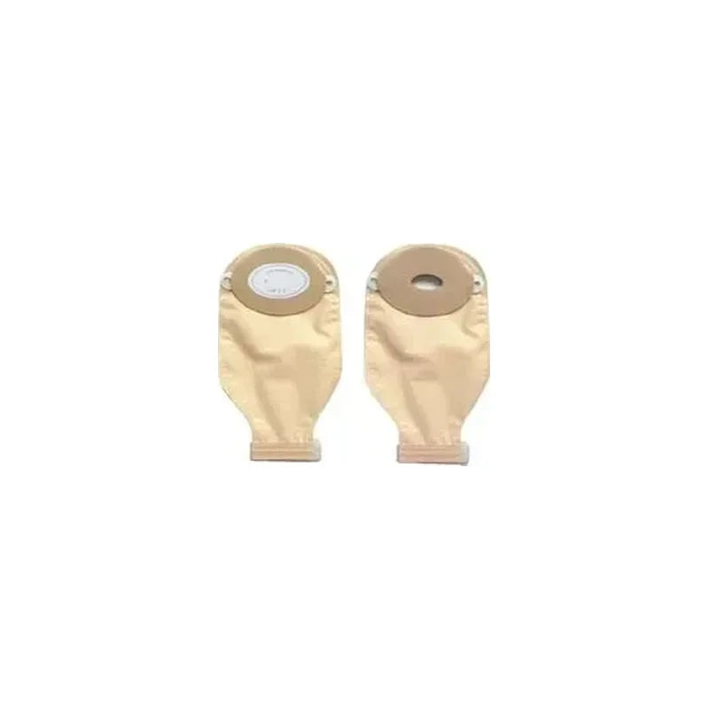 Two beige ostomy bags with adhesive barriers for medical use, shown front and back.