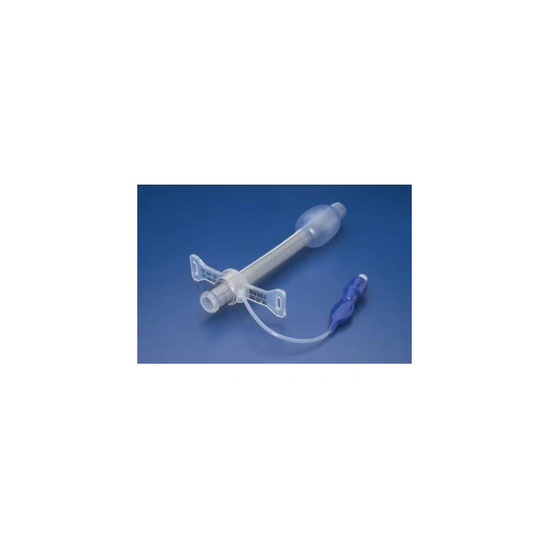 Medical tracheostomy tube with cuff and blue connector on a blue background