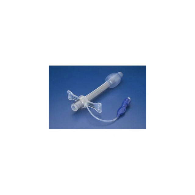 Medical tracheostomy tube with cuff and blue connector on a blue background