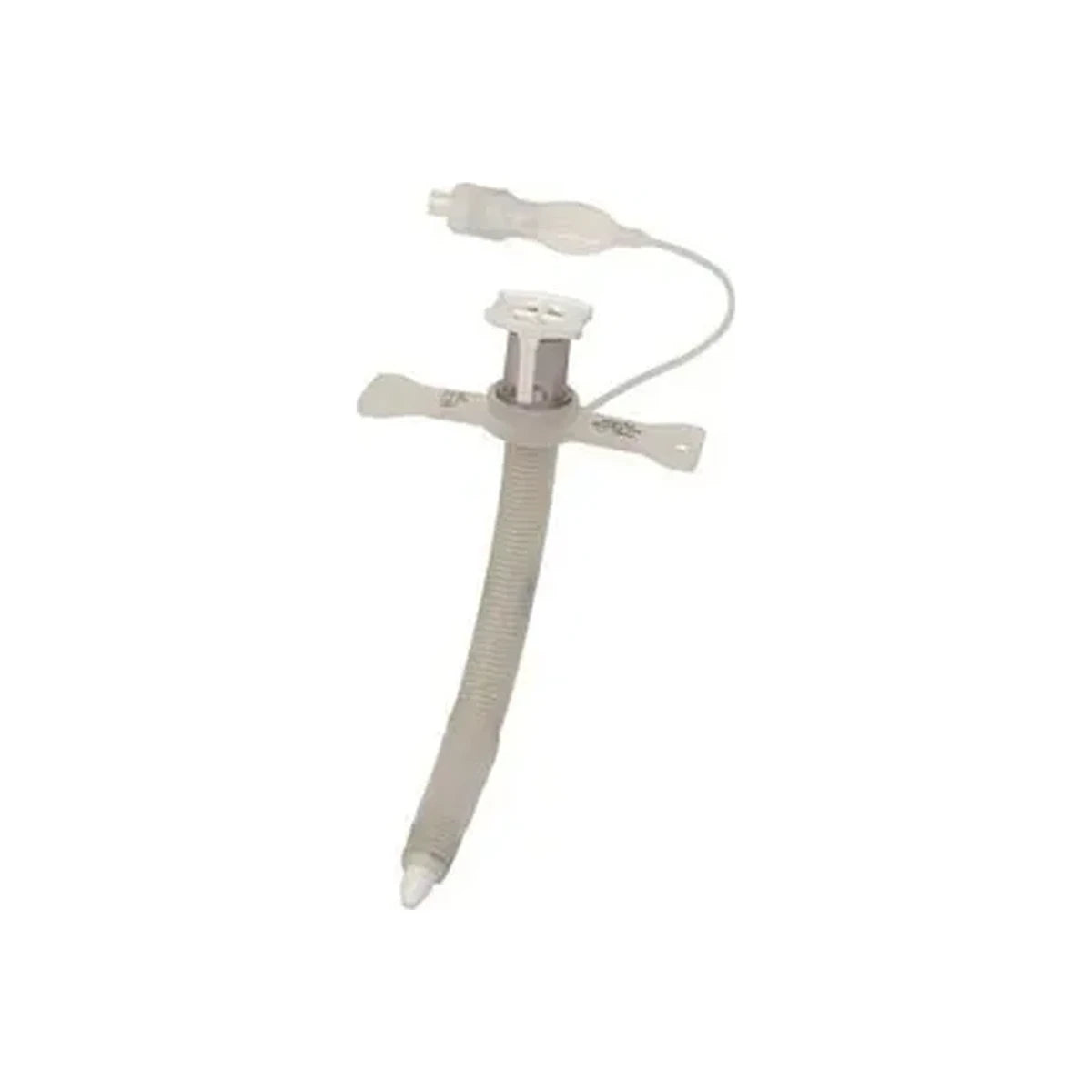 Medical tracheostomy tube with flexible shaft and securement ties on white background