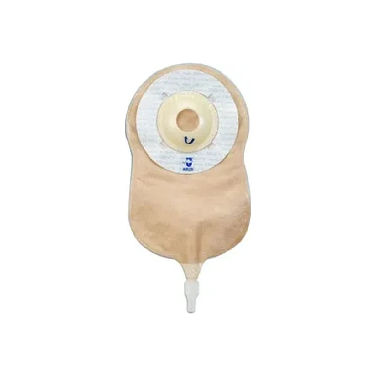 Beige drainable ostomy pouch with adhesive barrier and closure on white background.