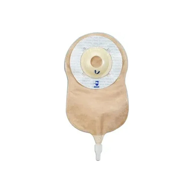 Beige drainable ostomy pouch with adhesive barrier and closure on white background.
