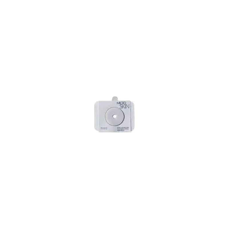 Rectangular ostomy barrier with round opening, Microskin text visible, white background