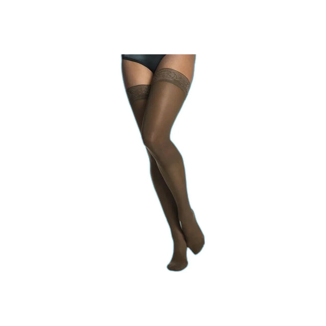 Brown thigh-high compression stockings with lace tops on model legs, medical hosiery