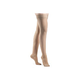 Beige thigh-high compression stockings with lace top for leg support