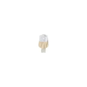 Beige ostomy pouch with adhesive barrier for medical stoma care on white background