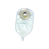 transparent medical ostomy pouch with adhesive barrier on white background