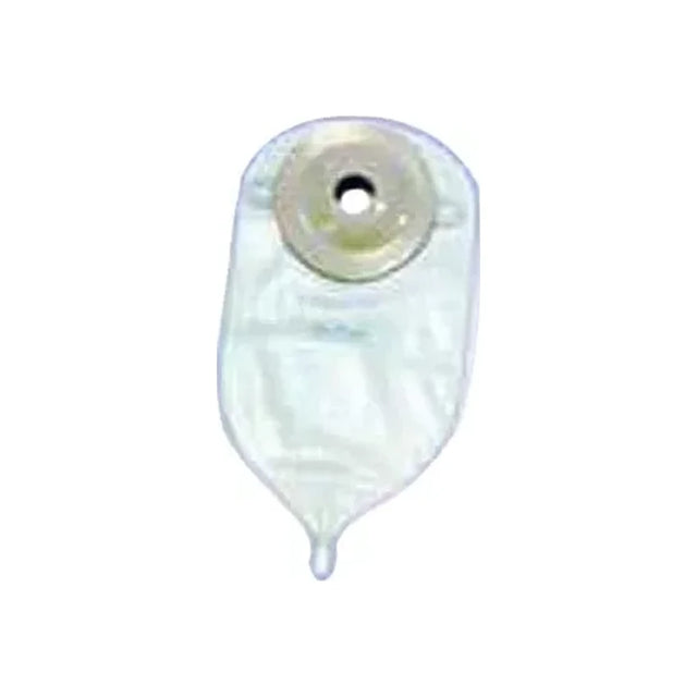 transparent medical ostomy pouch with adhesive barrier on white background
