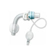 Curved tracheostomy tube with cuff and inflation line on white background