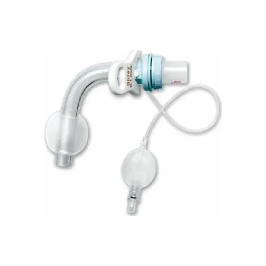 Curved tracheostomy tube with cuff and inflation line on white background