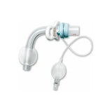 Curved tracheostomy tube with cuff and inflation line on white background