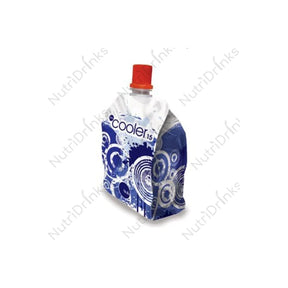 Cooler 15 nutrition drink pouch with blue abstract design and orange cap