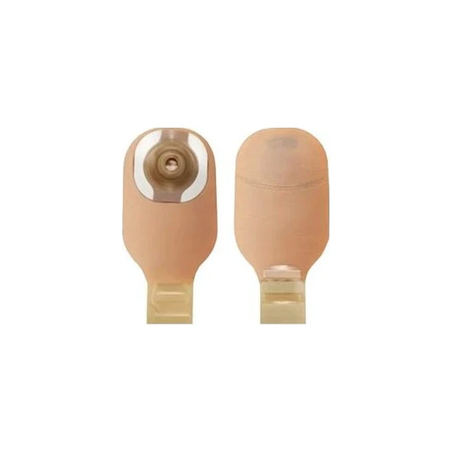 Two beige ostomy bags with closure, shown front and back, for medical stoma care