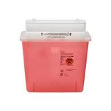 Red plastic medical sharps container with biohazard label and white hinged lid