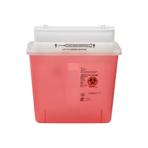 Red plastic medical sharps container with biohazard label and white hinged lid