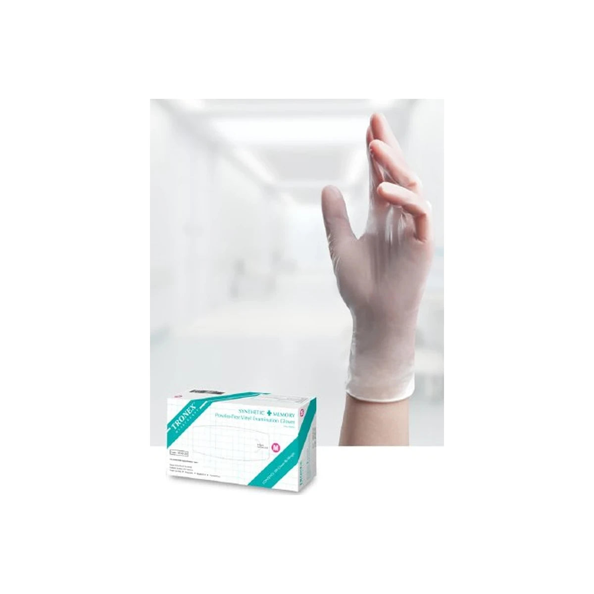 Synthetic vinyl examination glove on hand with glove box in medical setting