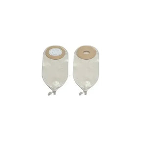 Two transparent ostomy pouches with adhesive flanges, suitable for stoma care