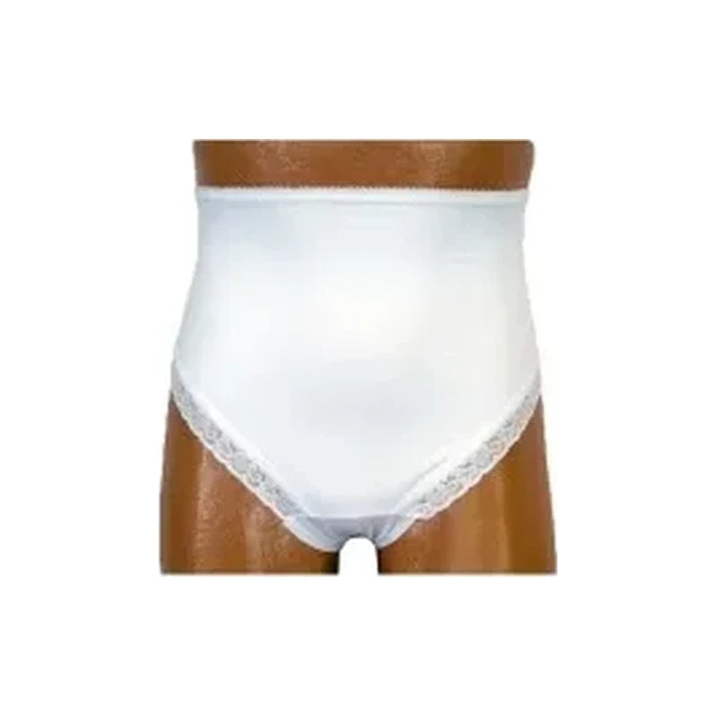 White high-waist protective underwear for incontinence on mannequin