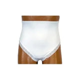 White high-waist protective underwear for incontinence on mannequin