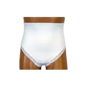 White high-waist protective underwear for incontinence on mannequin