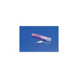 Sterile medical needle with pink safety cap on blue background for home health care