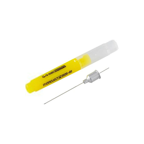Monoject hypodermic needle with yellow protective cap for medical injections