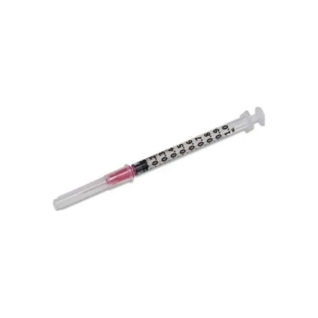 Insulin syringe with needle cap, graduated for precise medication dosing, on white background