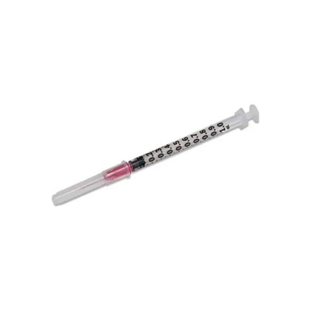 Insulin syringe with needle cap, graduated for precise medication dosing, on white background