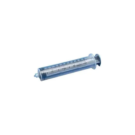 Medical syringe with clear barrel and measurement markings on white background