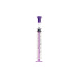 Purple medical oral syringe with clear barrel, measurement markings, isolated on white