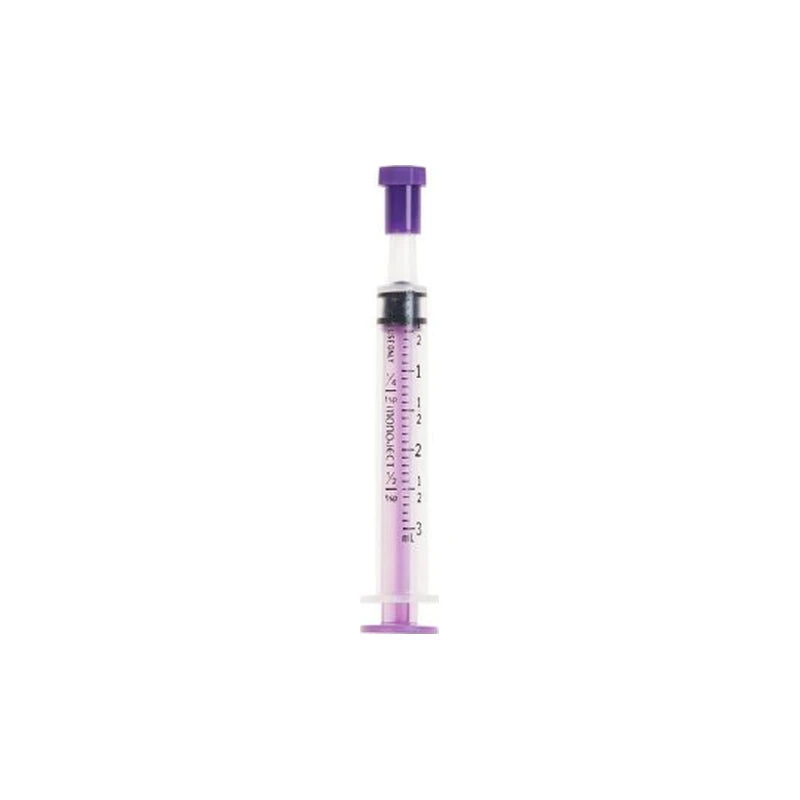 Purple medical oral syringe with clear barrel, measurement markings, isolated on white