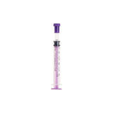 Purple medical oral syringe with clear barrel, measurement markings, isolated on white