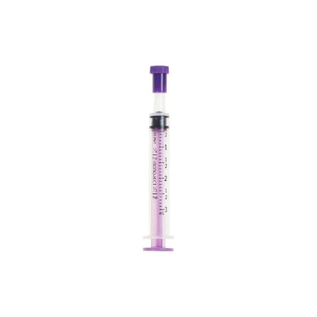 Purple medical oral syringe with clear barrel, measurement markings, isolated on white