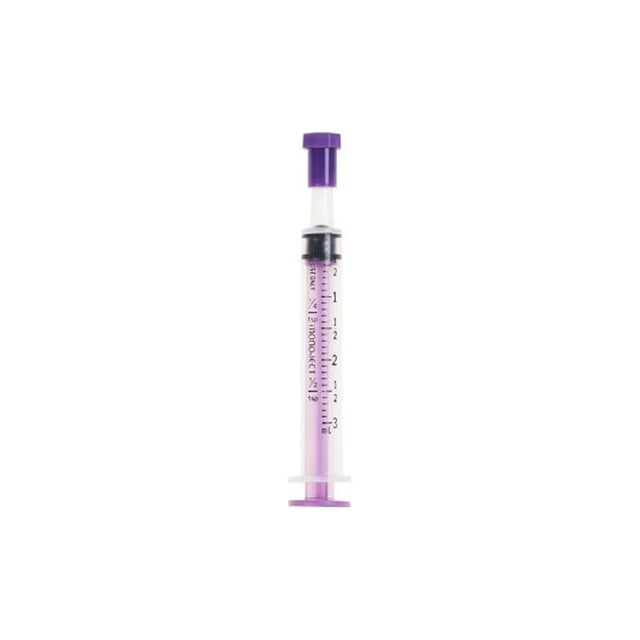 Purple medical oral syringe with clear barrel, measurement markings, isolated on white