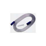 Clear medical tubing with blue connectors and a small tube segment on a white background